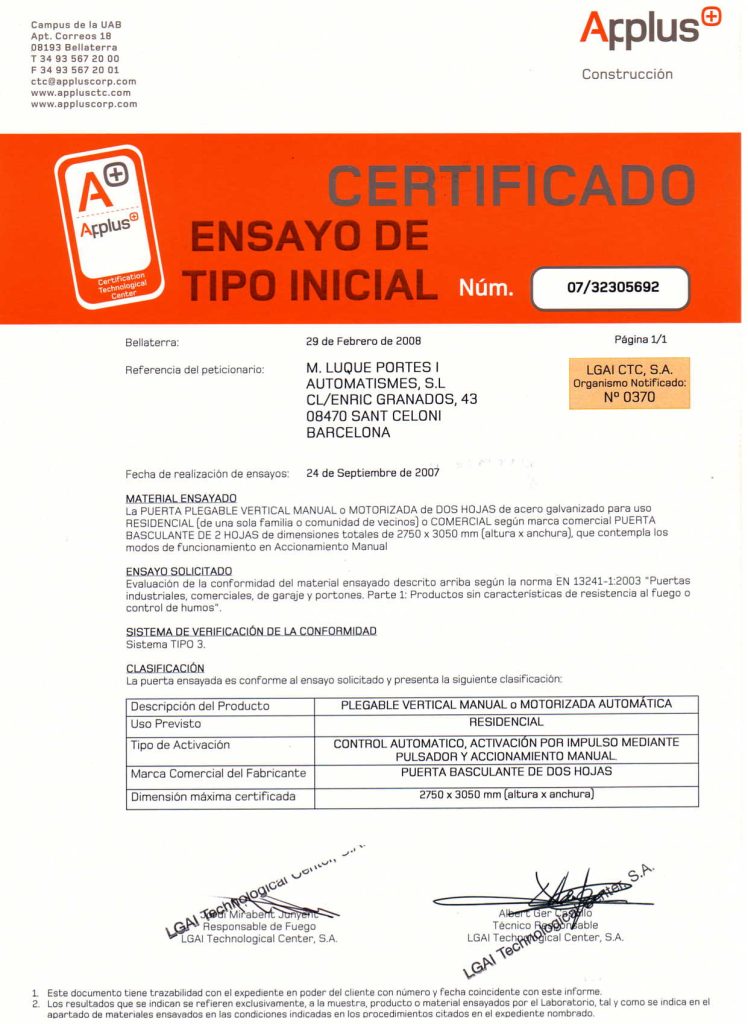 Certificado de ensayo tipo inicial ARPLUS empresa M.Luque 2