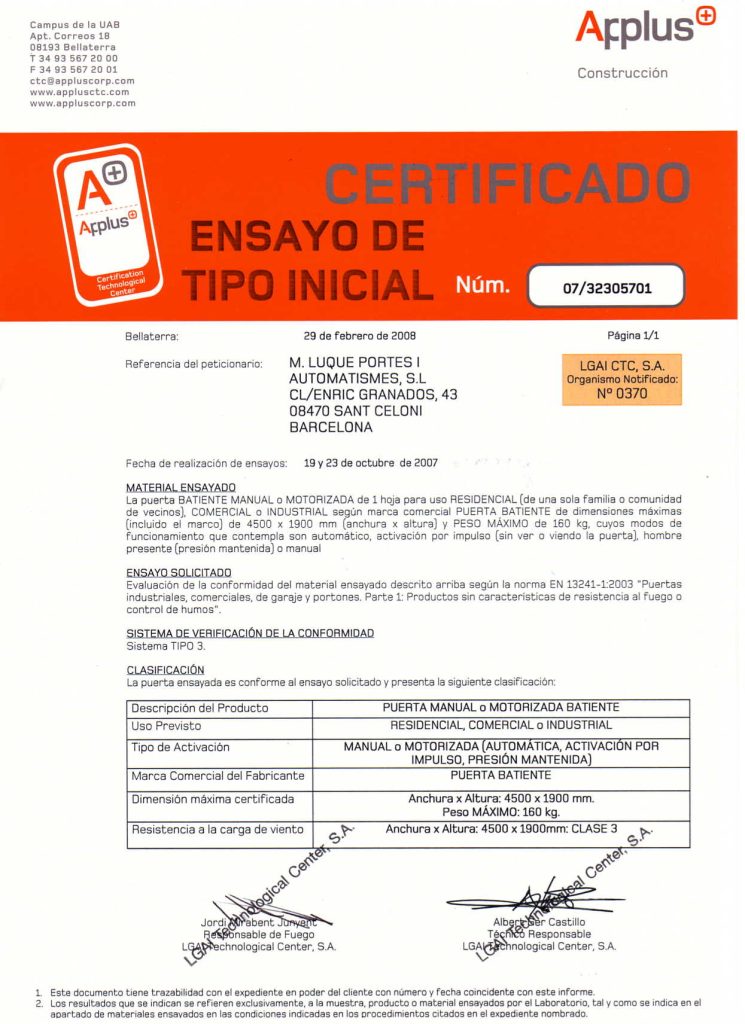 Certificado de ensayo tipo inicial ARPLUS empresa M.Luque 3