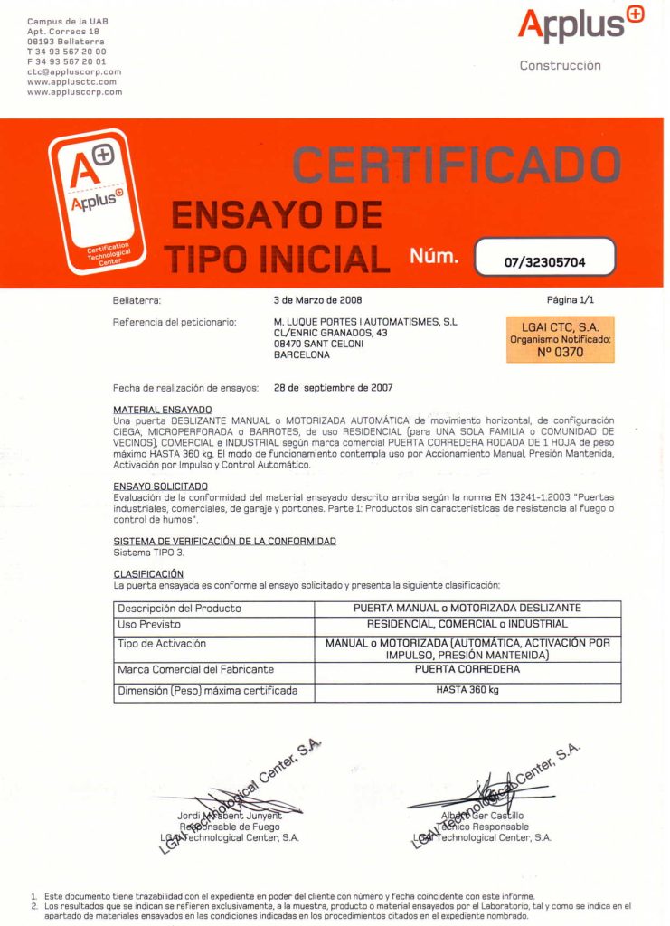 Certificado de ensayo tipo inicial ARPLUS empresa M.Luque 4