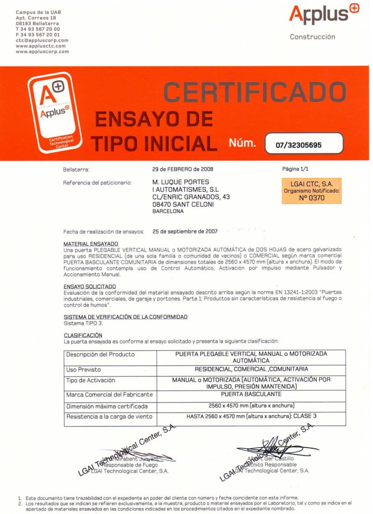 Certificado de ensayo tipo inicial ARPLUS empresa M.Luque